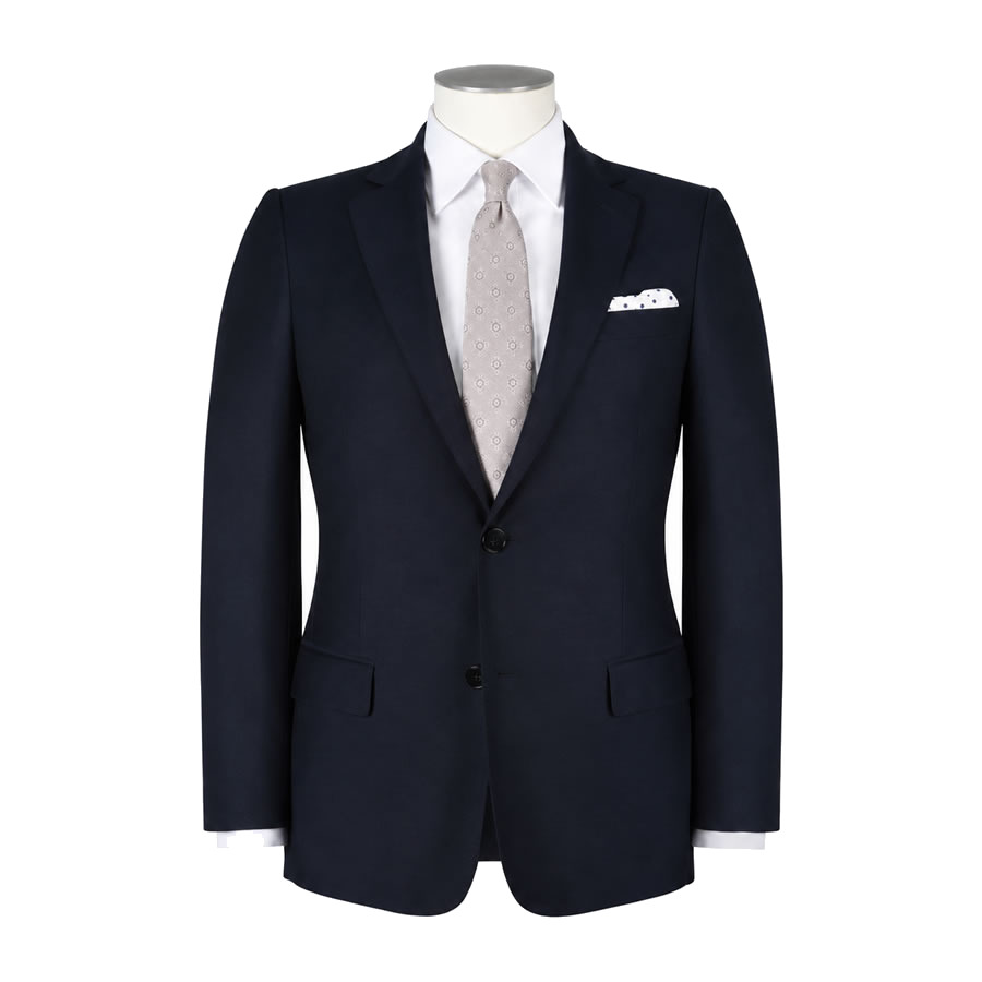 Navy hire suit with white shirt and patterned tie
